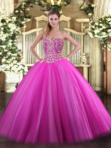 Pretty Fuchsia Ball Gowns Beading Quinceanera Gowns Lace Up Tulle Sleeveless Floor Length