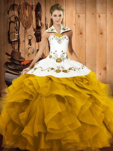 Customized Halter Top Sleeveless 15th Birthday Dress Floor Length Embroidery and Ruffles Gold Tulle