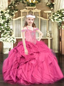 Amazing Hot Pink Pageant Dress for Teens Party and Quinceanera with Beading and Ruffles Off The Shoulder Sleeveless Lace Up