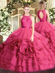 Modest Hot Pink Ball Gowns Fabric With Rolling Flowers Scoop Sleeveless Lace Floor Length Zipper 15 Quinceanera Dress