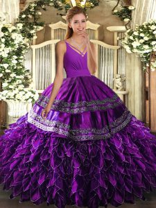 Adorable Eggplant Purple Sleeveless Beading and Appliques and Ruffles Floor Length Quinceanera Gowns