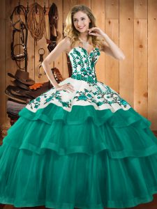 High Class Turquoise Lace Up Ball Gown Prom Dress Embroidery Sleeveless Sweep Train