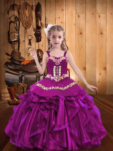 Fuchsia Lace Up Straps Embroidery and Ruffles Little Girls Pageant Dress Organza Sleeveless