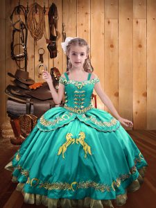 Admirable Aqua Blue Sleeveless Floor Length Beading and Embroidery Lace Up Pageant Gowns For Girls