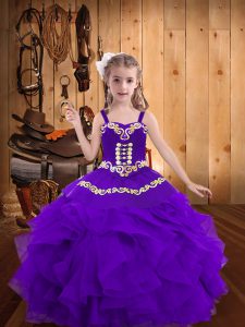 Eggplant Purple Kids Formal Wear Sweet 16 and Quinceanera and Wedding Party with Embroidery and Ruffles Straps Sleeveless Lace Up