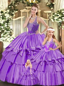 Artistic Lilac Ball Gowns Beading and Ruffled Layers Quinceanera Gowns Lace Up Organza Sleeveless Floor Length