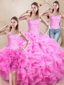 Sleeveless Organza Floor Length Lace Up Quinceanera Gowns in Lilac with Beading and Ruffles