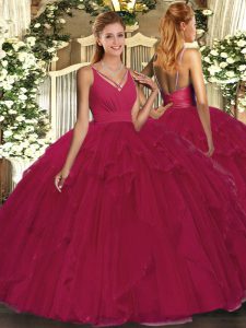 Floor Length Backless Sweet 16 Dress Wine Red for Military Ball and Sweet 16 and Quinceanera with Ruffles