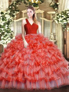 V-neck Sleeveless Zipper Quinceanera Gowns Coral Red Organza