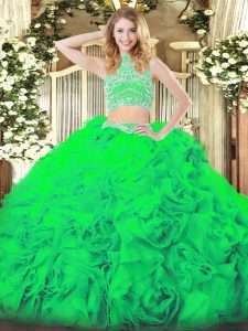 Graceful Green Sleeveless Floor Length Beading and Ruffles Backless Quince Ball Gowns