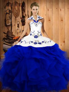 Fine Sleeveless Tulle Floor Length Lace Up Sweet 16 Quinceanera Dress in Royal Blue with Embroidery and Ruffles