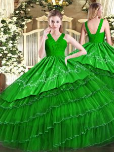 Green V-neck Neckline Embroidery and Ruffled Layers Vestidos de Quinceanera Sleeveless Zipper