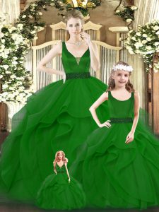 Floor Length Green Quinceanera Gowns Organza Sleeveless Ruffles