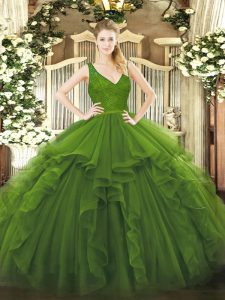 Sleeveless Organza Floor Length Zipper Sweet 16 Dress in Olive Green with Ruffles