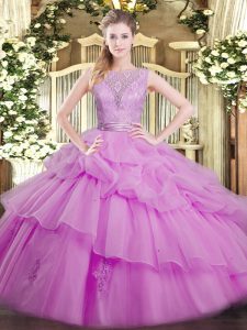 Lilac Sleeveless Lace and Ruffled Layers Floor Length Quinceanera Gowns