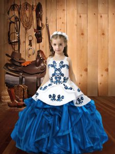 Unique Floor Length Lace Up Little Girls Pageant Dress Wholesale Blue for Sweet 16 and Quinceanera with Embroidery and Ruffles