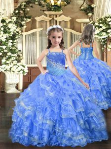 Adorable Baby Blue Lace Up Little Girls Pageant Dress Beading and Ruffled Layers Sleeveless Floor Length