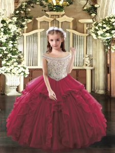 Organza Off The Shoulder Sleeveless Lace Up Beading and Ruffles Little Girls Pageant Gowns in Fuchsia