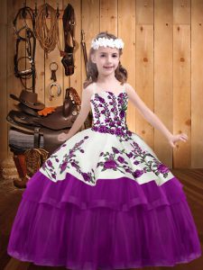 Fuchsia Sleeveless Floor Length Embroidery Lace Up Kids Pageant Dress