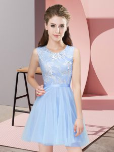 Light Blue A-line Tulle Scoop Sleeveless Lace Mini Length Side Zipper Quinceanera Court of Honor Dress