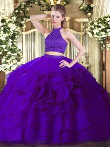 Nice Purple Two Pieces Tulle Halter Top Sleeveless Beading and Ruffles Floor Length Backless Quinceanera Gown
