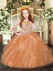 Rust Red Ball Gowns Beading and Ruffles Pageant Dress Toddler Zipper Tulle Sleeveless Floor Length