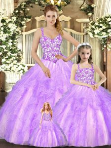 Ball Gowns Quince Ball Gowns Lilac Straps Organza Sleeveless Floor Length Lace Up