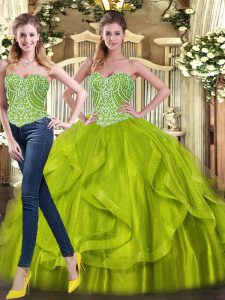 Captivating Olive Green Organza Lace Up Sweet 16 Dresses Sleeveless Floor Length Beading and Ruffles