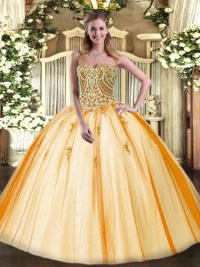 Glamorous Beading Sweet 16 Dresses Gold Lace Up Sleeveless Floor Length