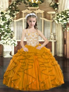 Great Beading and Ruffles Little Girl Pageant Dress Orange Lace Up Sleeveless Floor Length