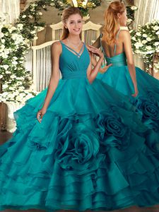 Teal V-neck Backless Beading and Ruffled Layers Ball Gown Prom Dress Sleeveless