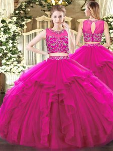 Dynamic Scoop Sleeveless Quinceanera Gown Floor Length Beading and Ruffles Fuchsia Tulle