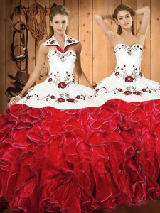Discount White And Red Ball Gowns Satin and Organza Halter Top Sleeveless Embroidery and Ruffles Floor Length Lace Up Quinceanera Gowns
