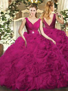 Modern Fuchsia Sweet 16 Quinceanera Dress Military Ball and Sweet 16 and Quinceanera with Beading V-neck Sleeveless Backless