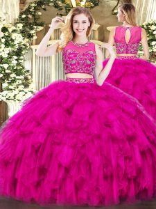 Modest Fuchsia Sleeveless Tulle Zipper Quinceanera Gown for Military Ball and Sweet 16 and Quinceanera