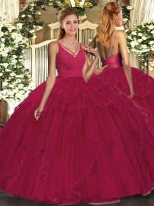 Ball Gowns Quinceanera Gown Fuchsia V-neck Tulle Sleeveless Floor Length Backless