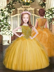 Unique Floor Length Gold Winning Pageant Gowns Tulle Sleeveless Beading and Ruffles
