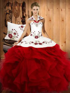 Satin and Organza Halter Top Sleeveless Lace Up Embroidery and Ruffles Quinceanera Gown in Wine Red