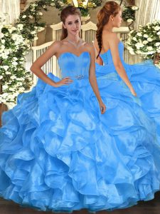 Baby Blue Sleeveless Beading and Ruffles Floor Length 15th Birthday Dress