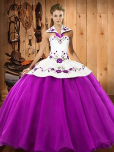 Fabulous Fuchsia Satin and Tulle Lace Up Halter Top Sleeveless Floor Length Vestidos de Quinceanera Embroidery