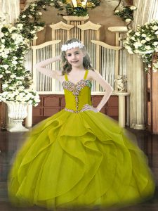 Luxurious Ball Gowns Child Pageant Dress Olive Green One Shoulder Organza Sleeveless Floor Length Lace Up