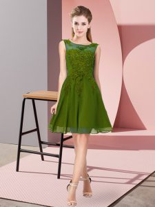 Great Knee Length Olive Green Dama Dress for Quinceanera Scoop Sleeveless Zipper