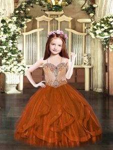 Wonderful Tulle Spaghetti Straps Sleeveless Lace Up Beading and Ruffles Little Girls Pageant Dress in Rust Red