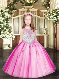 Scoop Sleeveless Pageant Gowns For Girls Floor Length Beading and Appliques Fuchsia Tulle