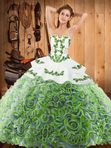 Glorious Multi-color Satin and Fabric With Rolling Flowers Lace Up Quinceanera Gown Sleeveless With Train Sweep Train Embroidery