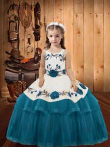 Low Price Embroidery and Ruffled Layers Pageant Dress for Teens Teal Lace Up Sleeveless Floor Length