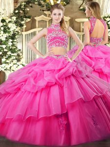 Captivating Hot Pink High-neck Backless Beading and Ruffles and Pick Ups Quinceanera Dresses Sleeveless