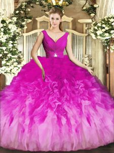 Designer Tulle V-neck Sleeveless Backless Beading and Ruffles Quince Ball Gowns in Fuchsia