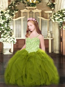 Spaghetti Straps Sleeveless Kids Pageant Dress Floor Length Appliques and Ruffles Olive Green Tulle