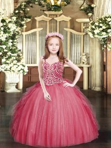 Spaghetti Straps Sleeveless Lace Up Winning Pageant Gowns Coral Red Tulle